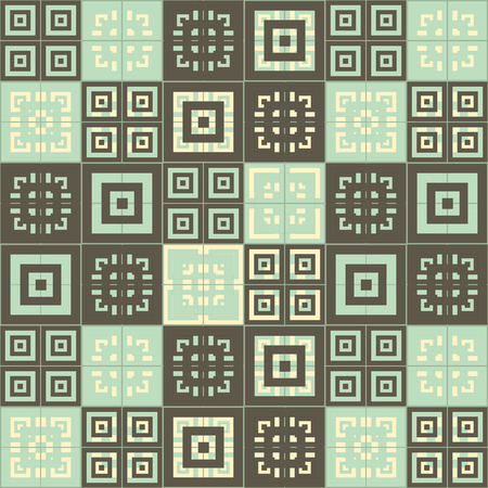Green blue white cream and grey square pattern tiles pattern backgroundの写真素材