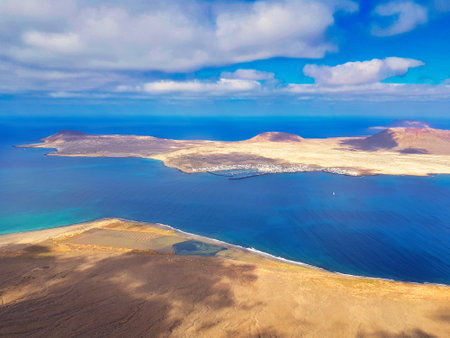 Aerial view of La Graciosa island, Lanzarote, Canary Islands, Spainの写真素材