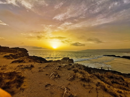 Sunset at the rocks in top of Tamraght, Moroccoの写真素材