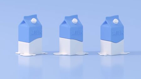 Set of 3 Blank Cardboard packages of milk with White and Blue cartoon Rendering for mock up template design. Isolated on blue background. Healthy beverage. 3D Illustrationの写真素材