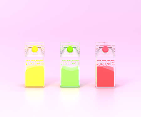 Fresh juice realistic glass canned bottle set. Healthy organic product, natural vegan nutrition packaging mockup. 3d renderingの写真素材