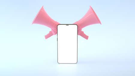 3d render of smartphone with pink megaphones on blue background. Social share data concept....