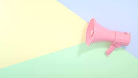 3d render of realistic isolated pink megaphone on pastel colored background. Advertisement idea. Conceptual illustration with copy space. 3D renderの写真素材