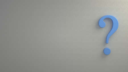 3d rendering of a isolated blue question mark standing on a white wall background. Concept image....