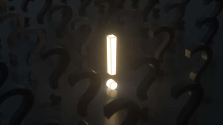 Question marks and exclamation mark in the center in isometric isolated on dark background. Idea or...