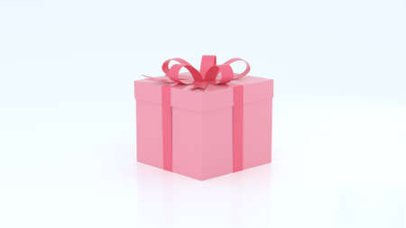 Christmas and New Year's Day. Close up gift box or present box with pink ribbon bow isolated pastel blue, white background with shadow. 3d renderingの写真素材