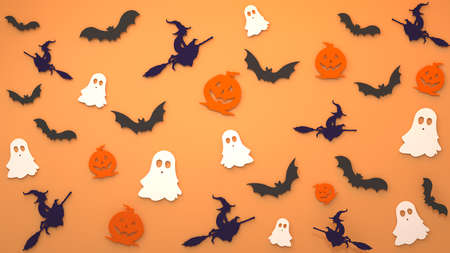 Halloween minimal pattern made with paper ghost, pumpkin, witch and bat. Autumn holiday concept background. Holiday party decoration. 3d renderingの写真素材