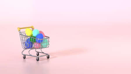 Happy Easter background. Easter eggs colorful in the shopping cart on pastel pink background....