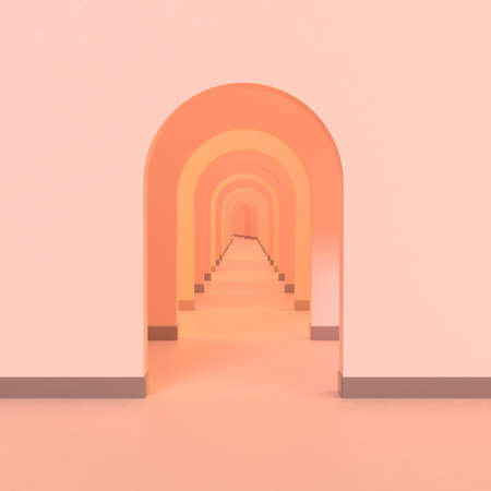 3d rendering of abstract geometric pastel walkway, pastel pink color background. Minimal concept for commercial advertising, poster with copy space.の写真素材