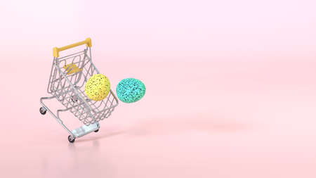 Happy Easter background. Easter eggs colorful in the shopping cart on pastel pink background. Festive concept. Copy space for Text. 3d renderingの写真素材