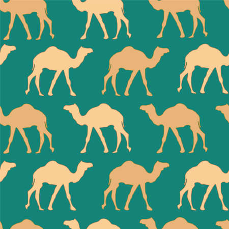 Camels caravan. Very calm and inspirational exotic seamless pattern of camels with teal backgroundのイラスト素材