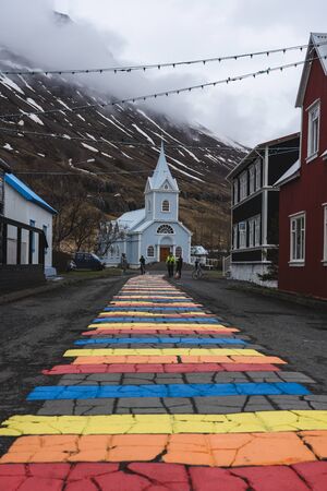 Rainbow church in Seydisfjordur Icelandの写真素材