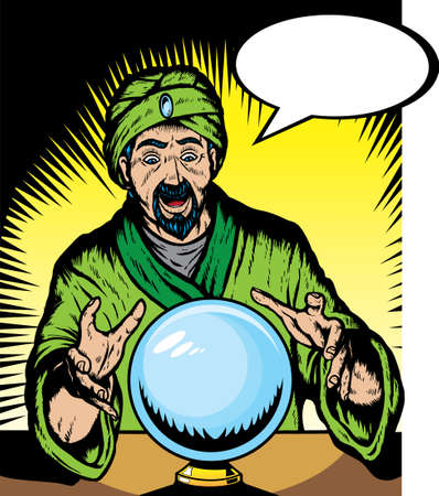 Fortune teller looking into globe.  Globe and guru are on separate layers, and can be removed.のイラスト素材
