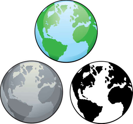 Different drawings of planet earth, from colour to black and white. のイラスト素材