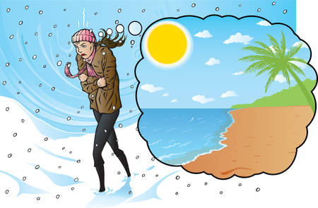 Freezing girl dreaming of a warm vacation. のイラスト素材