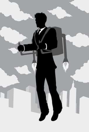 Outline of a businessman flying with a rocket pack 