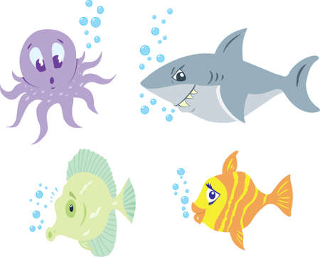 Four different cartoons of cute, funny fish. のイラスト素材