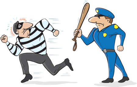 Cartoon of a policeman scaring away a burglarのイラスト素材