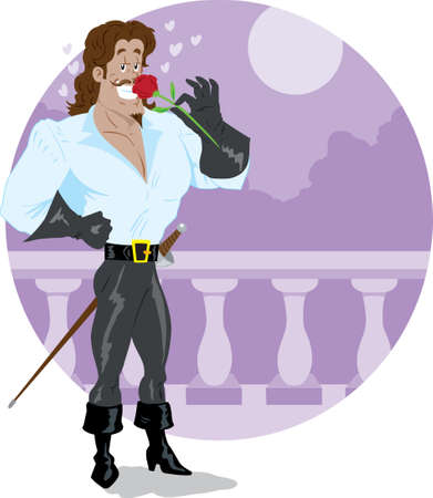 Swashbuckler smelling a rose lovingly on a balconyのイラスト素材
