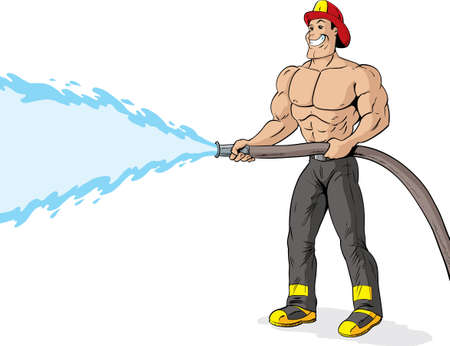 Shirtless, handsome Firefighter using a fire hose. のイラスト素材