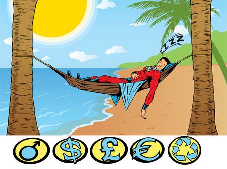 Superhero relaxing, taking a holiday. のイラスト素材
