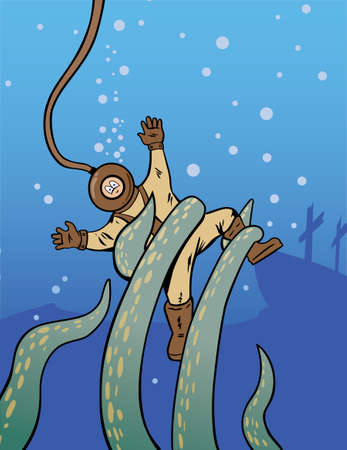 Deep sea diver being attacked by an octopus 