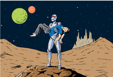 Robot girl carrying away a man, a feminist homage. のイラスト素材