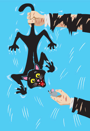 Holding a happy cat by the tailのイラスト素材
