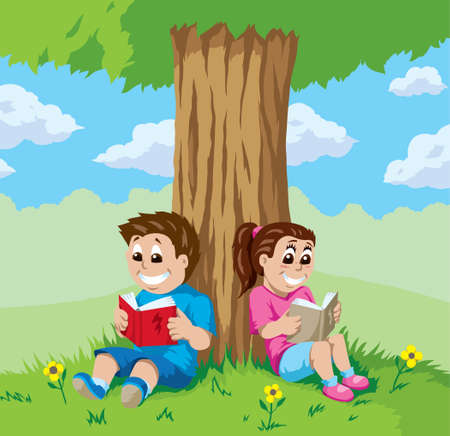 Kids reading under a treeのイラスト素材
