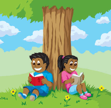 Cute kids reading under a treeのイラスト素材