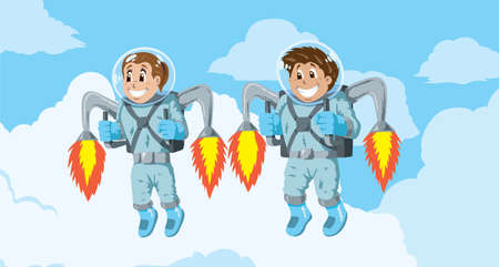 Kids with Rocket packsのイラスト素材