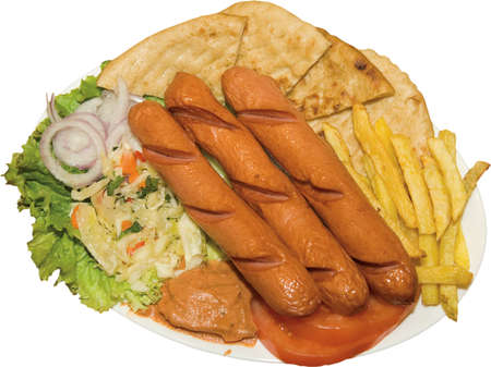 Sausage served with chips and pita breadの写真素材