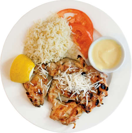 Grilled Chicken with rice and tomatosの写真素材