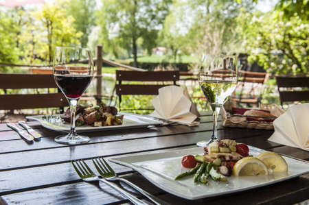 Dining table in the gardenの写真素材