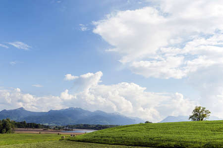 Panorama view over a green meadow and the lake chiemsee infront of alps の写真素材