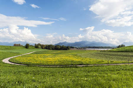 Panorama view over a green meadow and the lake chiemseeの写真素材