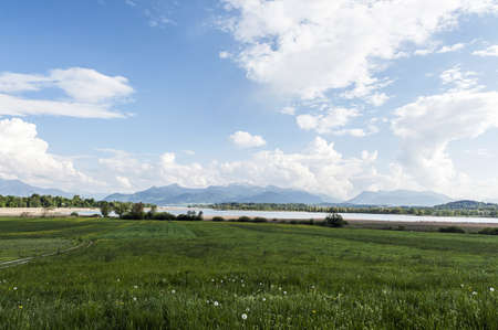 Panorama view over a green meadow to the alpsの写真素材