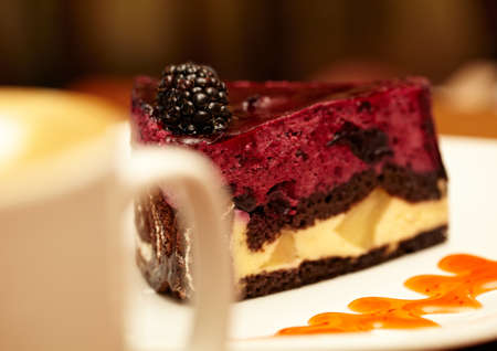 Cheesecake with blackberry on a plateの写真素材