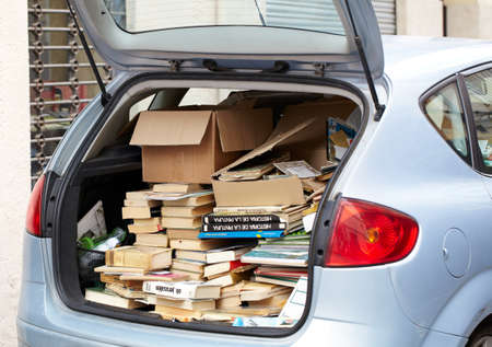 BARCELONA - MAY 20  A lot of books lay in the car boot on May, 20, 2012 in Barcelona, Spain の写真素材