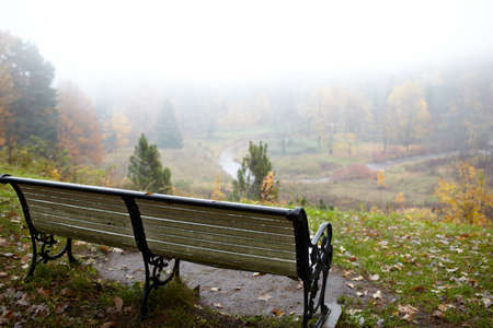 Bench at the top of the hill  The fog is coming  Toila, Estonia の写真素材