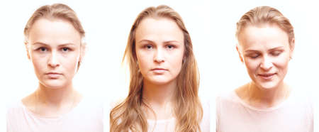 Girl passport photos collage on white background with different emotions 