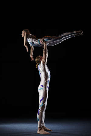 Circus artists perform different tricks  Man holding woman 