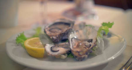 Close-up shot of pouring lemon juice on the open oysters served in restaurant. Delicious seafood