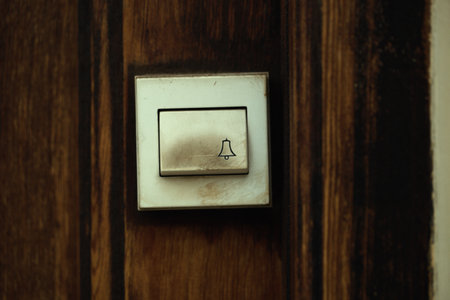 Close up on a filthy old electric doorbell fitting on a wooden door with bell icon on the button. This is a lighter version, a darker version is also available in the portfolioの写真素材