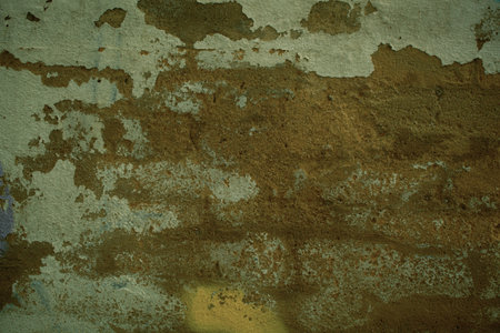 Background texture of grunge weathered plaster on an old wall with flaking white paint in a full...