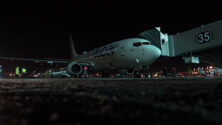 Timelapse of servicing Flydubai plane at night Domodedovo Airport in Moscowのeditorial素材