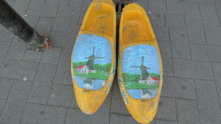 View of decorative traditional big size yellow klomps with drawing, Rotterdam, Netherlands