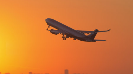 Aeroflot airliner A330 taking off at sunsetのeditorial素材