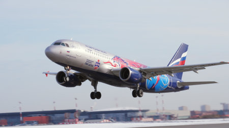 Airplane with PBC CSKA Moscow colours taking offのeditorial素材