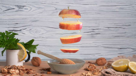 Apple and honey still-lifeの写真素材